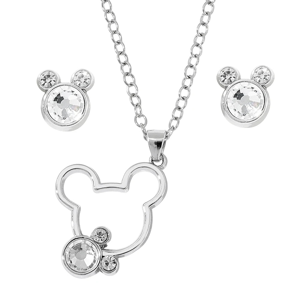 Disney Simple Shiny Zircon Minnie Pendant Necklaces Earrings for Women Girls Jewelry Set Collar Accessories Gift