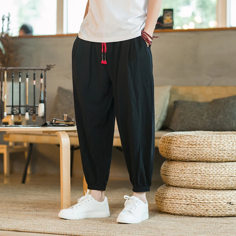 Men's Cotton and Linen Harem Pants Casual Loose Oversize Beach Pants Chinese Style Wide Leg Trousers Joggers Men Summer