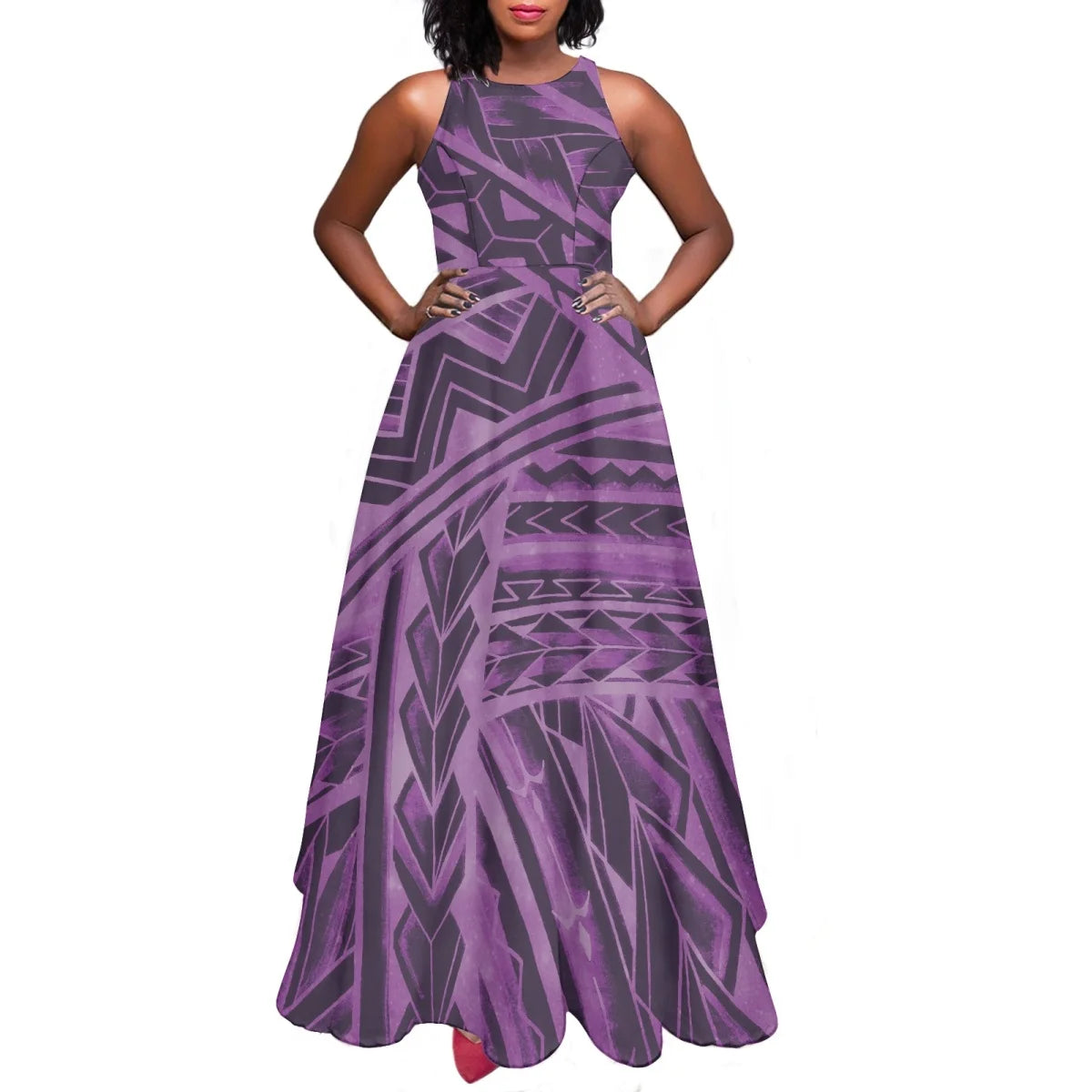 Sleeveless Large Skirt Navy Blue Tapa Traditional Print Round Neck Women Polynesian Tribal Design Casual Fashion Dress Prom