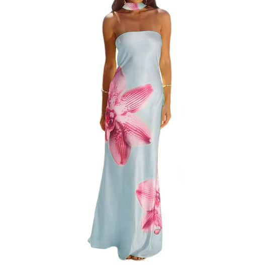 Summer Long Dress with Scarf Women Tube Dress Elegant Strapless Backless Flower Print