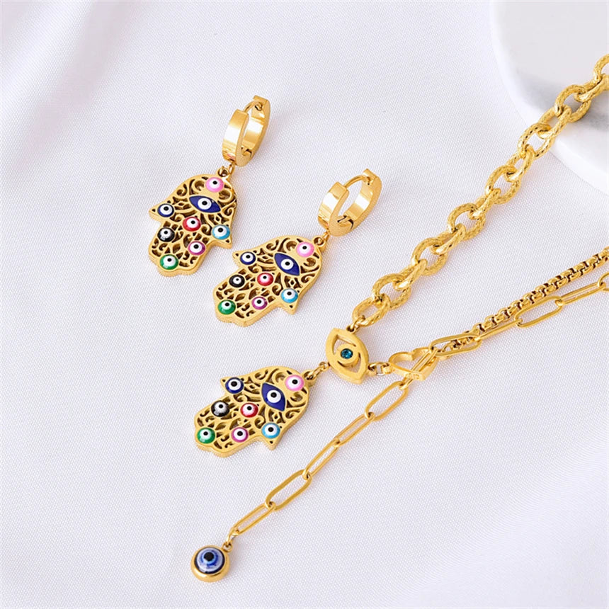 316L Stainless Steel Colored Oil Drip Palm Eyes Pendant Charm Chain Necklaces Bracelets Earrings Fashion High Jewelry Party Gift