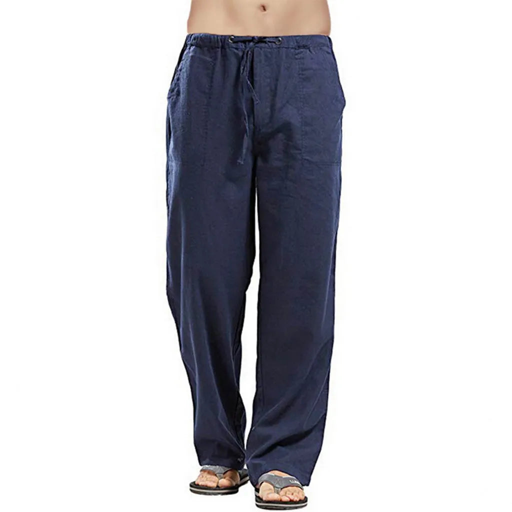 Vintage Men Pleated Cotton Linen Casual Pants Drawstring Side Zip Elastic Waist Comfort Breathable Beach Trousers Straight Pants